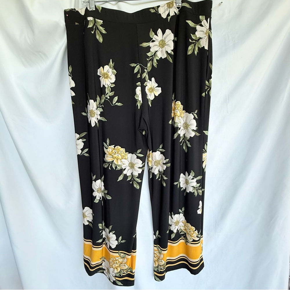 Susan Graver Wide-Leg Pant Womens XLP Black  w/White Flowers Yellow Border